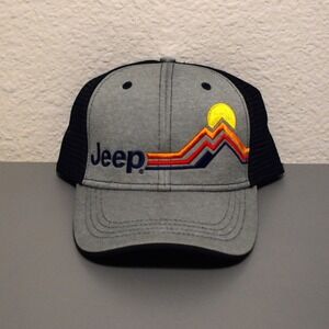 Jeep Trucker Hat Mens OSFM Gray Navy Excellent Embroidered Mountain Snapback Cap